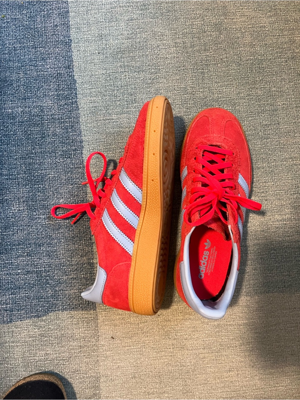 adidas women’s Red Suede Sneakers with White Stripes and Gum Sole